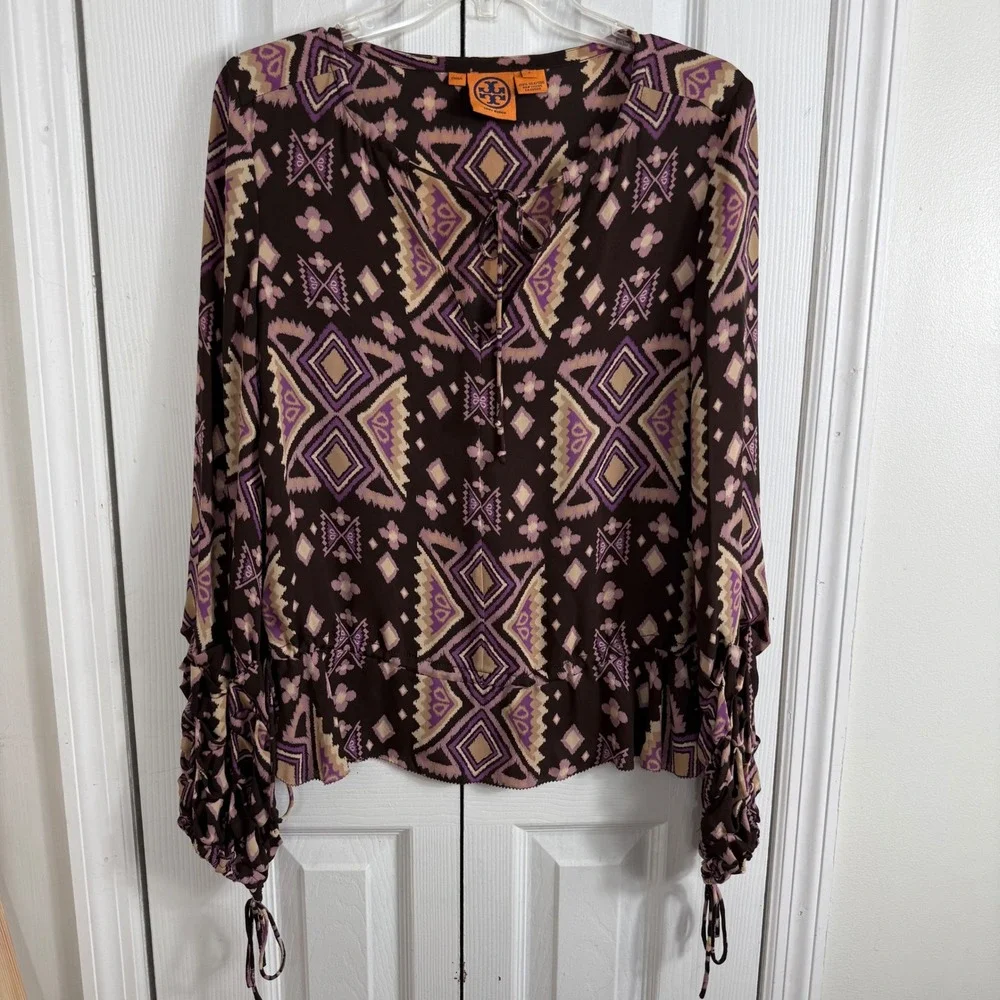 Tory Burch Silk Ikat Print Blouse 6 Brown Purple Boho Smocked Ruched Sleeve Top